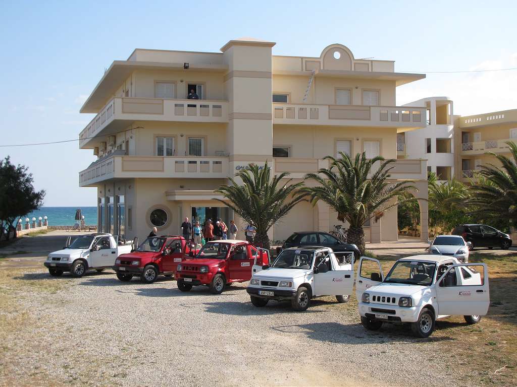 galini beach hotel jeeps on a row